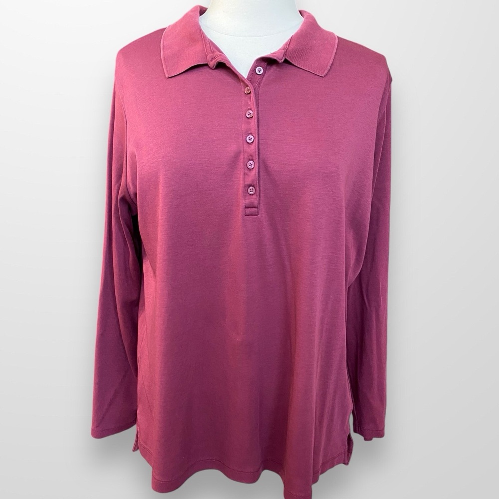 Lands End Woman's Size 1X 16W 18W Top Shirt Long Sleeve‎ Polo Collared Maroon